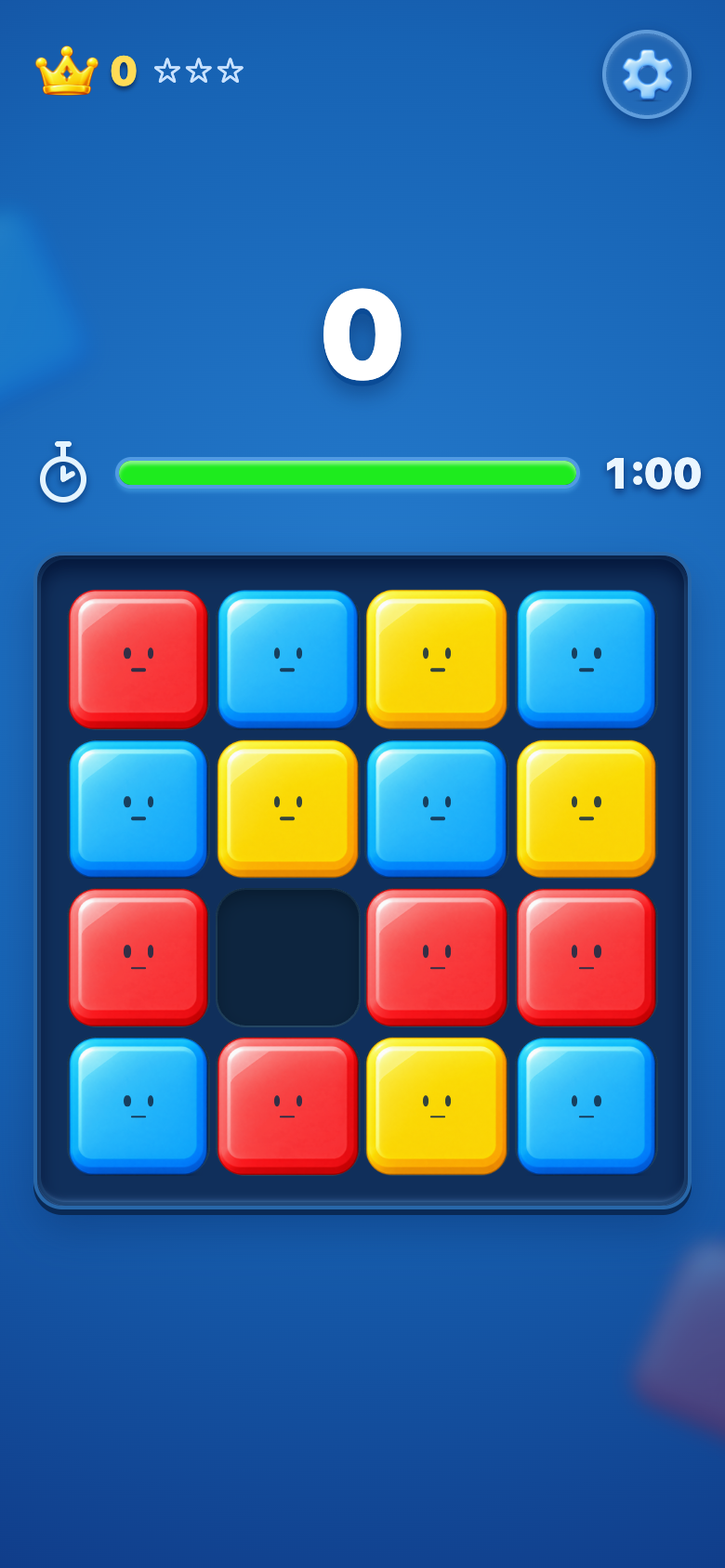 Actual Bored Blocks gameplay: a one-minute timer above a four-by-four board of colorful face tiles